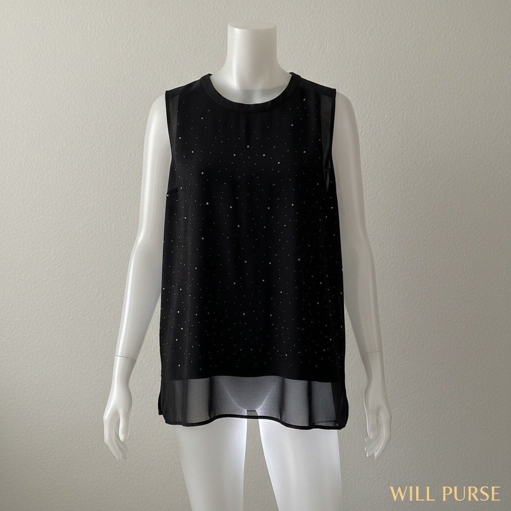 Worthington XL Black Rhinestone Embellished Sheer Hem High Low Tunic Top. EUC